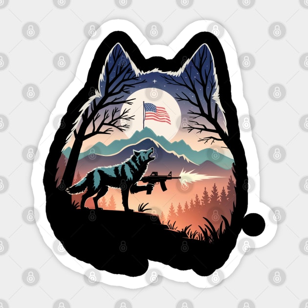 Howling Wolf Firing Gun Under US Flag Sticker by belownormal